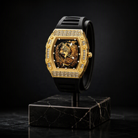 Montre automatique pour homme Tonneau Dragon Chinois Or Rose Diamants Analogique Étanche Mécanique Lumineuse Creuse