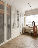 Meuble de chambre moderne autoportant crème avec coiffeuse intégrée, éclairage LED et vitrine, pour appartement et espace commercial