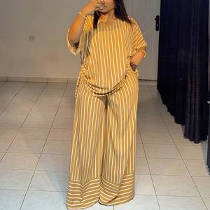Neueste Design Mode Damen Kleidung Boutique Street Wear Kurzarm Stripped V-Ausschnitt Shirt und Wide Leg Pant 2-teiliges Set - Product Image 2