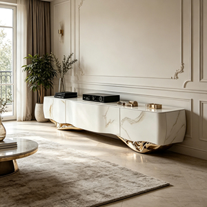 Mueble para <span class=keywords><strong>TV</strong></span> de Fibra de Vidrio con Base Curva Escultural Dorada y Patrón de Mármol Blanco para Espacios de Vida Contemporáneos de Alta Gama - Product Image 2