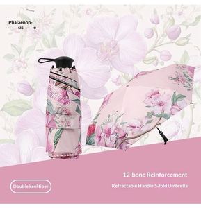 Parapluie de poche mini noir en vinyle imprimé, manuel, à cinq plis, avec poignée rétractable, 6 baleines, protection UV, pour femme - Product Image 4