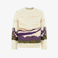 Pull en maille à col rond brodé motif champ de lavande vintage pour homme, décontracté, doux et chaud, en fil filé à la main, motif floral violet