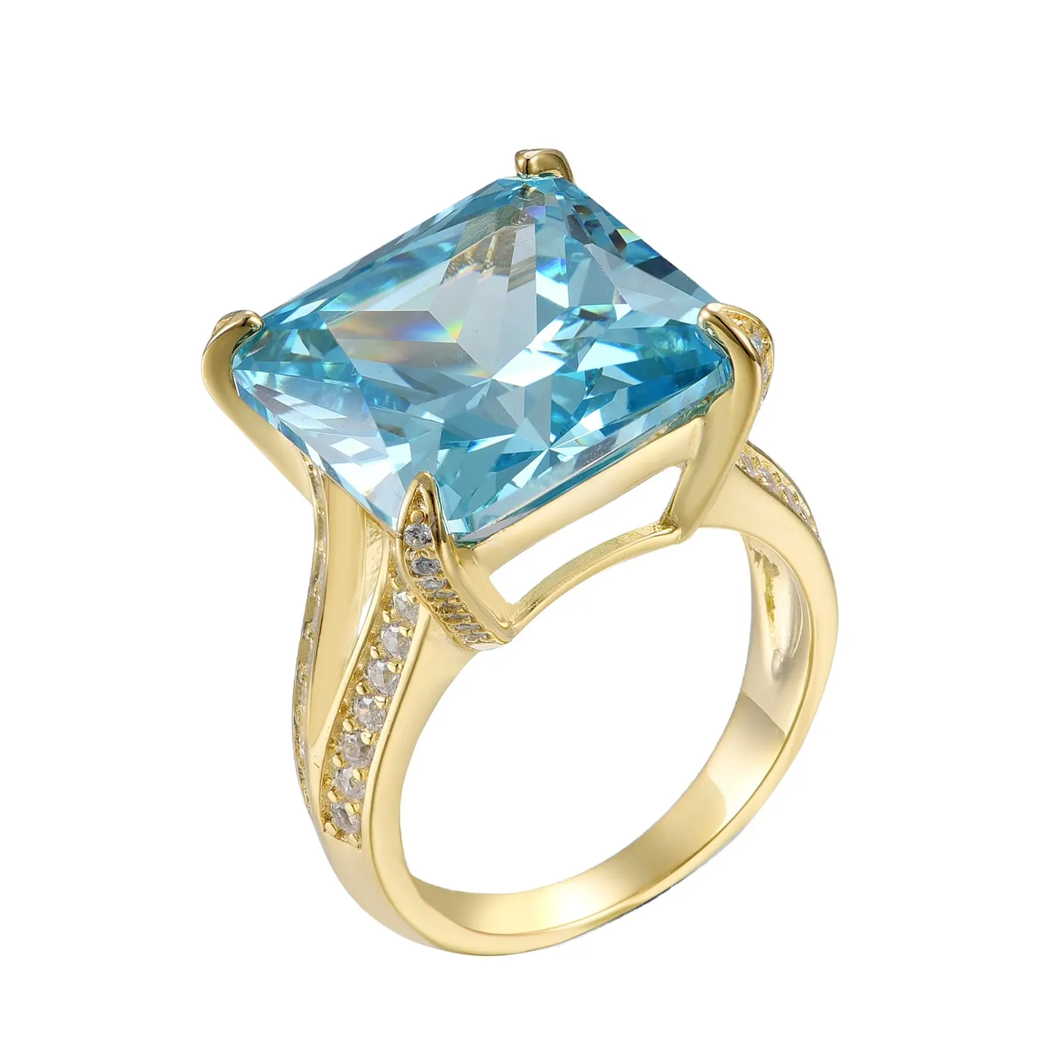 Bague en pierre à tige fendue pour femmes, grande pierre de princesse, topaze bleue suisse, bijoux plaquée or 18 K, aigue-marine bleue, 2021