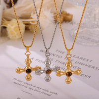Nouveau Collier Femme Tendance Européen-Américain en Acier Inoxydable Électroplaqué avec Pendentif Croix en Pierre Œil de Tigre et Chaîne Cordon, Style Luxe Léger