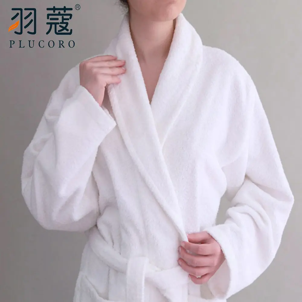 Wholesale Hotel Velvet Bathrobe Custom Logo Shawl Style White Coral Fleece Bathrobe