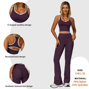Completo Sportivo <span class=keywords><strong>Donna</strong></span> a Contrasto, Top Corto con Schiena Incrociata e Leggings a Vita Alta, Set Yoga e Allenamento - Product Image 2