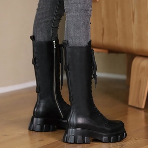 Bottes hautes pour femmes en cuir verni effet miroir, bout rond, plateforme, fermeture éclair latérale, talon épais, bottes longues pour femmes - Product Image 6