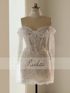 Abito <span class=keywords><strong>da</strong></span> <span class=keywords><strong>sposa</strong></span> corto Ruolai QW02285 con maniche lunghe, allacciatura posteriore, pizzo e perline, vita basca - Product Image 2