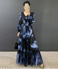 Vestido plisado Miyake estilo oficina 2026 con cuello redondo, manga trompeta, cintura fruncida y estampado, ropa occidental para mujer al por mayor - Product Image 2