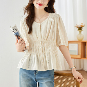 Cotton Hollow-out Embroidered Apricot <strong>Shirt</strong> <strong>Women's</strong> Short-Sleeved Summer New Design Chic Coat Small <strong>Shirt</strong> - Product Image 3