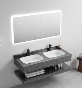 Meuble-lavabo de salle de bain moderne avec éclairage LED, lavabo intégré et étagère de rangement en pierre frittée, de haute qualité et élégant - Product Image 3