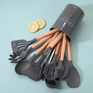 Silicone Kitchenware Set  12 pieces  Wooden Handle Kitchenware Set  Non stick Pot Shovel Spoon Cooking Silicone Kitchenware Set