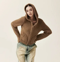 Cardigan court à capuche entièrement zippé en fausse fourrure marron Teddy, personnalisable, de haute qualité, pour femme, collection automne, avec poignets évasés et poches latérales