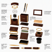 Set Meja Kantor Kayu dengan Jam, Tempat Pena, Kalkulator, Warna Coklat Emas