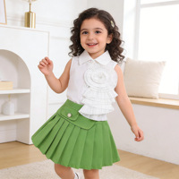 Set Pakaian 2-Piece untuk Anak Perempuan 2026: Atasan Kasual Tanpa Lengan dengan Ruffle dan Hiasan Bunga 3D Besar + Rok Lipit Polos