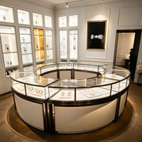 Vitrine à bijoux en verre incurvé avec éclairage LED, comptoir de présentation personnalisé pour la vente au détail, présentoir de magasin durable en verre feuilleté