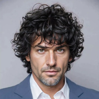 Perruque Homme Européen-Américain en Fibre Haute Température, Sans Colle, Volumineuse, Brun Foncé, Faite à la Machine, Sans Dentelle, Courte, Bouclée et Relevée