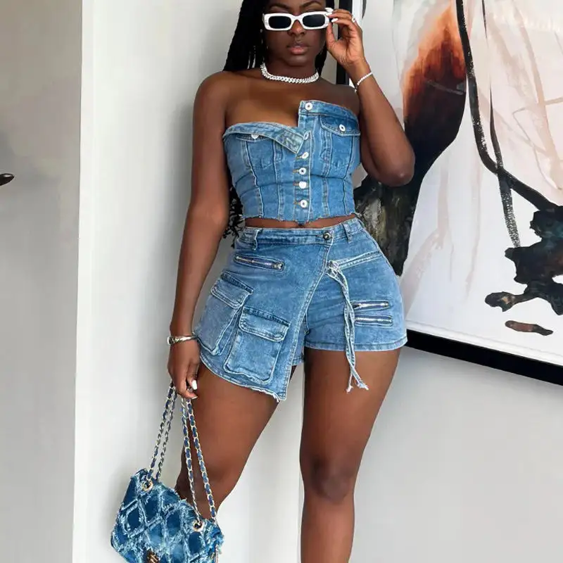 Peeqi Y2k Jeans Shorts Two Piece Outfits Stretch Tube Top with Cargo Mini Skirts Casual Sexy 2 Piece Denim Set Women Jeans