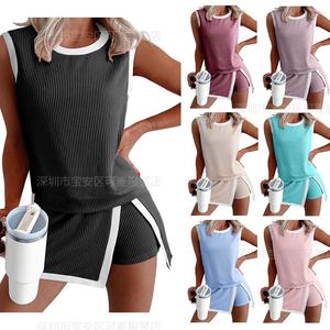 Ensemble de yoga color-block pour femme, haut sans manches et short, couleur unie, tenue de fitness pour la gym, style décontracté S M L XL XXL - Product Image 1