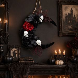 Party Supplies Gothic Black Rose Hanging 35Cm Spooky Front Door Wall <b>Decor</b> <b>Halloween</b> Skull Crescent Moon Wreath - Product Image 1