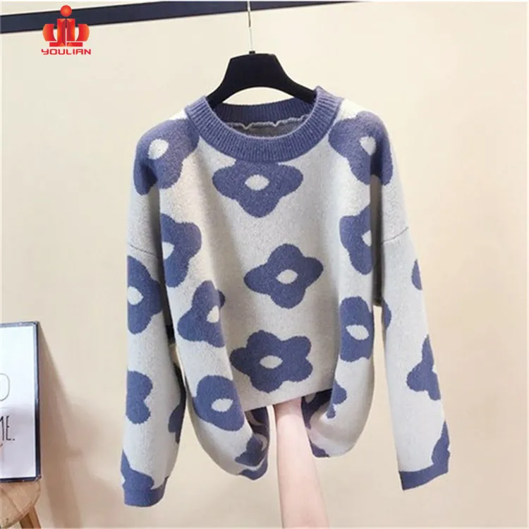 Pullover Bordir Crew Wanita, Ukuran Besar Leher Rajut Lengan Panjang Gaya Korea Unik Motif Bunga