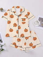 Ensemble pyjama court 2 pièces pour femme, beige à rayures, imprimé citrouille d'Halloween, haut à manches courtes et short, tenue décontractée, imprimé personnalisé