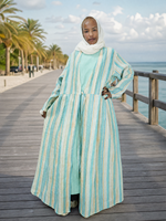 Ensemble 2 pièces Abaya ouverte à manches longues vert menthe uni avec rayures verticales intérieures, choix des acheteuses, tenue modeste d'été pour femme musulmane