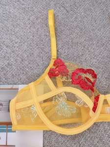 优雅奢华碎花刺绣文胸内裤套装舒适透气氨纶网布蕾丝透明3件套 - Product Image 4