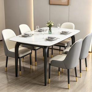 Ensemble de table à manger rectangulaire moderne en marbre, 6 chaises en cuir PU, plateau en pierre frittée, pieds en métal, mobilier de salle à manger minimaliste - Product Image 4