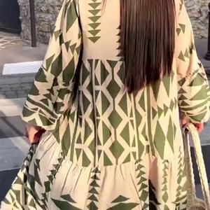 Vestidos Personalizados para Mujer, Ropa Casual de Calle, Estilo Vintage, Cuello en V Geométrico, Vestidos Largos Holgados de Playa, Elegantes Vestidos Maxi de Verano - Product Image 4