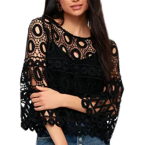 Vendor Supply Good Quality Loose Pullover Bell Sleeves Crochet Carved Lace Top