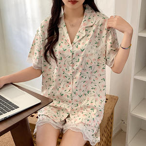 Pijamas de Verano para Mujer, de Seda de Hielo, Finos, con Solapa, Conjunto de Pijama de Manga Corta y Pantalones Cortos, Ropa de Dormir para el Hogar - Product Image 3