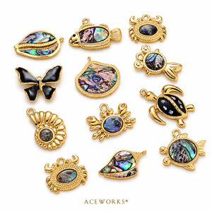 Charmes de vie marine en abalone |   Pendentif océan en acier inoxydable plaqué or 18K PVD pour la fabrication de bijoux DIY |   T Tortues, Béquilles, Raies - Product Image 3
