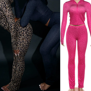 Viviblook Z1210ST04 Tenues d'hiver Nouvel ensemble pour femmes à capuche imprimé léopard manches longues pantalon slim fit deux pièces - Product Image 1