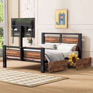 Cama de plataforma de metal de tamaño doble DB con cabecero y estribo de MDF, dos cajones de almacenamiento y soporte giratorio para TV, color negro - Product Image 5