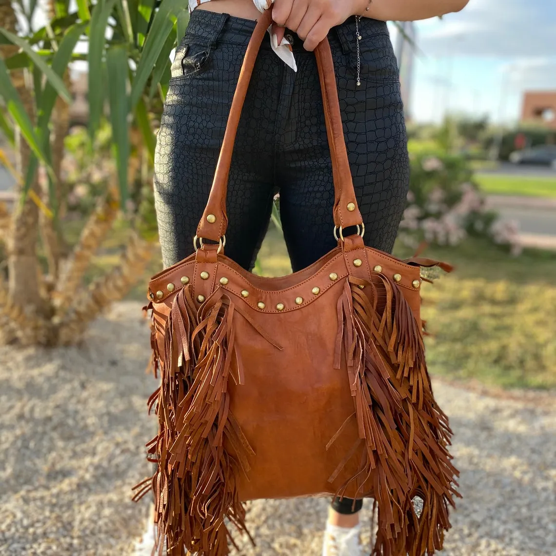 Handwoven bohemian western style fringe purse Boho tote bag Brown soft leather fringe purse Handbag with tassels fringe