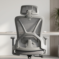 Chaise de bureau ergonomique en maille grise avec appui-tête réglable et base chromée polie pour un espace de travail moderne