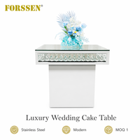 Mesa de Pastel Cuadrada Blanca de Lujo Moderna con Cristal y Acero Inoxidable, con Cubierta de Vidrio Templado para Bodas, Hoteles, Cenas y Eventos al Aire Libre