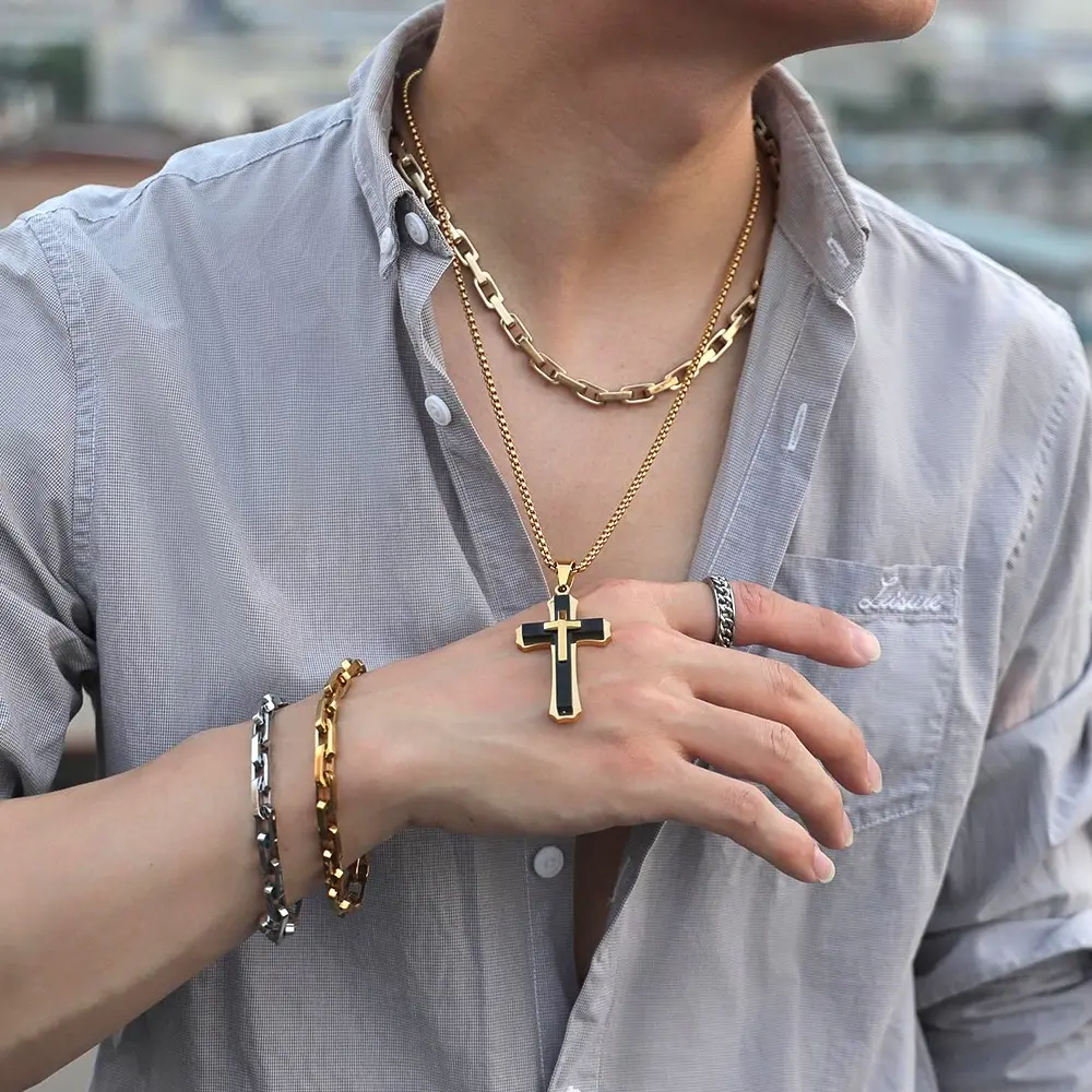 Mens Boys Fashion Necklace Jewelry Wheat Chain 24 Inches Stainless Steel Black Gold Three-Layer Large Cross Pendant Necklace