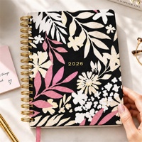 Agenda quotidien personnalisé A5 noir et rose à motifs floraux avec couverture en papier, spirale, dorure à chaud et impression couleur 2026 2027 avec autocollants