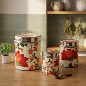 Classic Floral Printed Stainless steel Food Containers Airtight Round <b>Storage</b> <b>Jars</b> <b>for</b> <b>Kitchen</b> Use 1-3L Capacity - Product Image 3