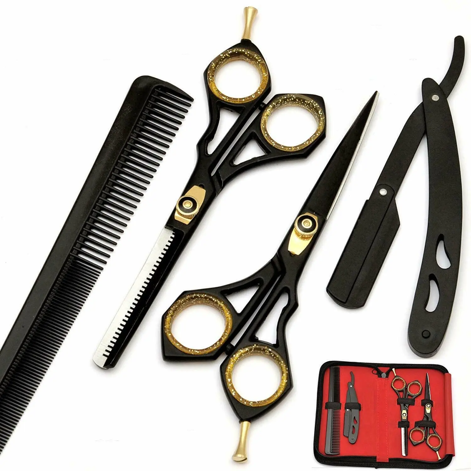 Professionelles Friseurschere-Set Paket enthält Barbierschere + Ausdünnungs-Schere +Rasiermesser und Schönheitsbeutel