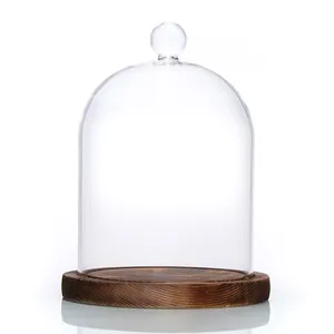 Display Figure Dry Floral Scented Candle Dust Cover Clear Glass Dome Glass Cover With Wooden Base