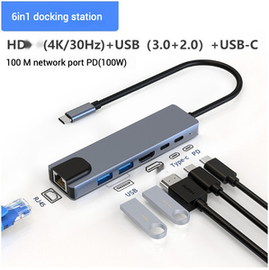 6 en 1 Type C Docking ethernet pd <span class=keywords><strong>port</strong></span> USB3.0 + USB2.0 + 100mpb rj45 + HDTV + PD + transfert de données RJ45 Ethernet type c vers hub usb - Product Image 6