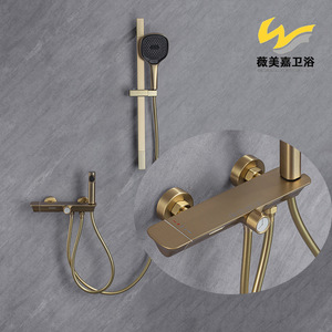 Ensemble de baignoire mural thermostatique en cuivre massif, style minimaliste moderne, trois étages, finition or brossé, robinet de douche simple - Product Image 3