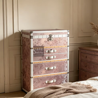 Coffre de rangement vintage de luxe en tissu fil de cuivre rose avec miroir rabattable et tiroir verrouillable, style français