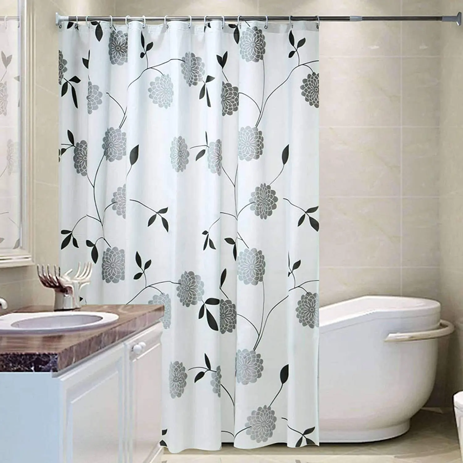 Cortina de baño con estampado Floral de hojas de alta calidad, visillo de ducha transparente, impermeable, con 12 ganchos, EVA