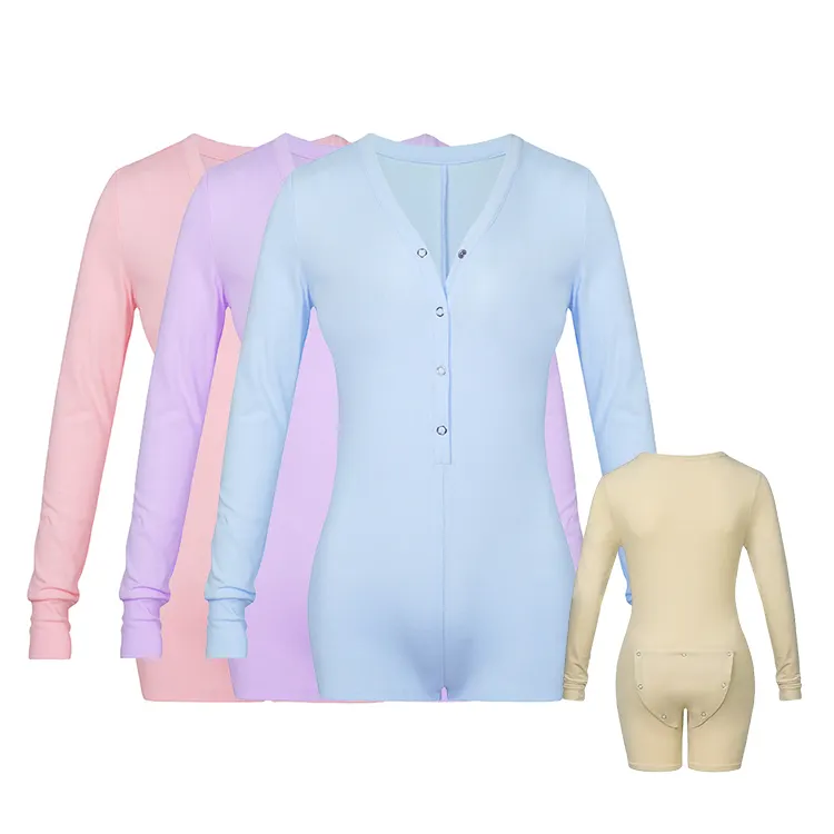 Custom Charming Short Lady Adult Button Flap Cotton Onesie for Women Open Crotch Pajamas