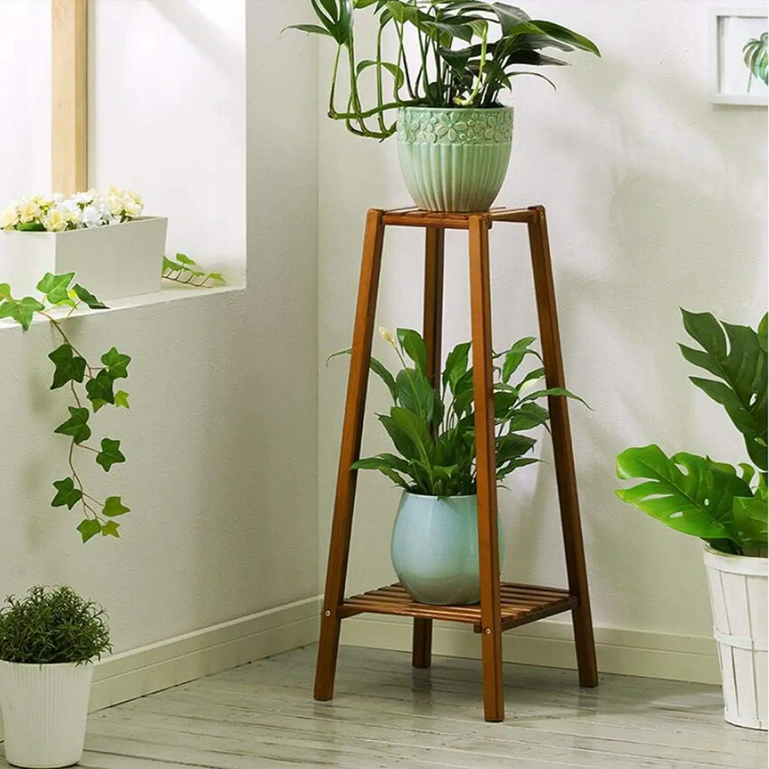 Modern 2 Tier Vintage Design Bamboo Tall Plant Stand Pot Holder Small Space Flower Shelf Rack Display Table