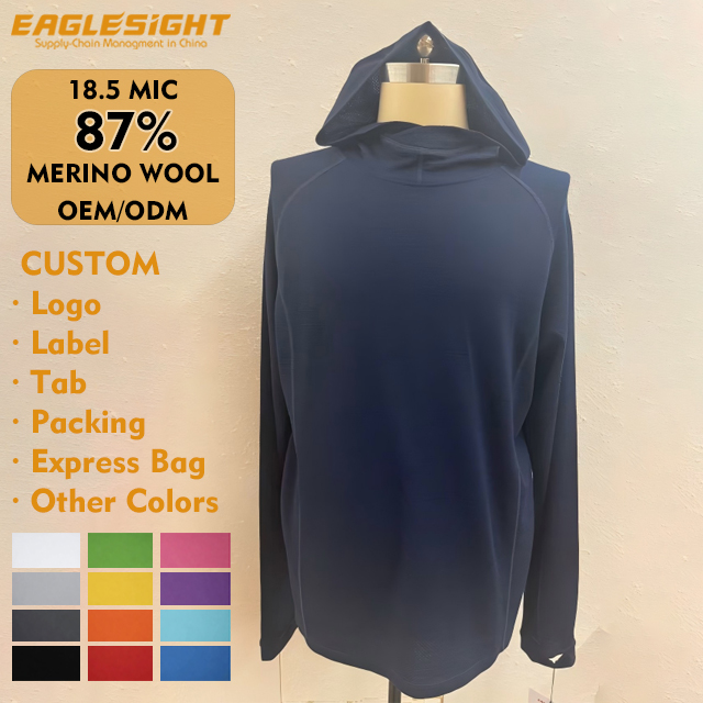 Custom Men's Merino Wool Mesh Hoodie 17.5 Micron 97% Merino 180gsm Honeycomb Breathable Outdoor Base Layer